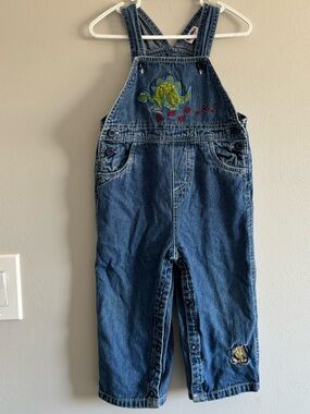 Vintage toddler overalls with dinosaur embroidery